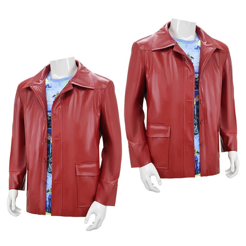 Men Red Leather Jacket Fight Club Tyler Durden Cosplay Costume PU Coat T-shirt Glasses Suit Halloween Party Role Play Outfit view 2