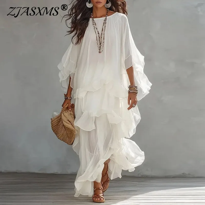 Robe longue maxi à volants superposés pour femme, col rond, manches chauve-souris évasées, ample et fluide, style bohème, pour l'été, la plage, les vacances ou les occasions spéciales