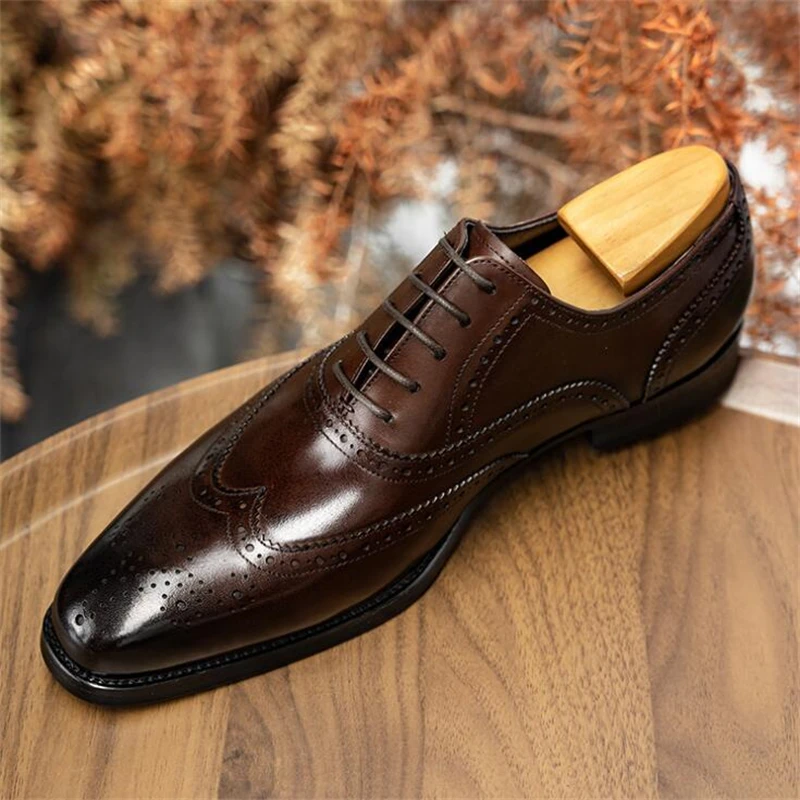 

New Men Dress Shoes Fashion Genuine Leather Business Office Party Wedding Brogue Derby Leather Shoes Male Formal Oxfords Flats