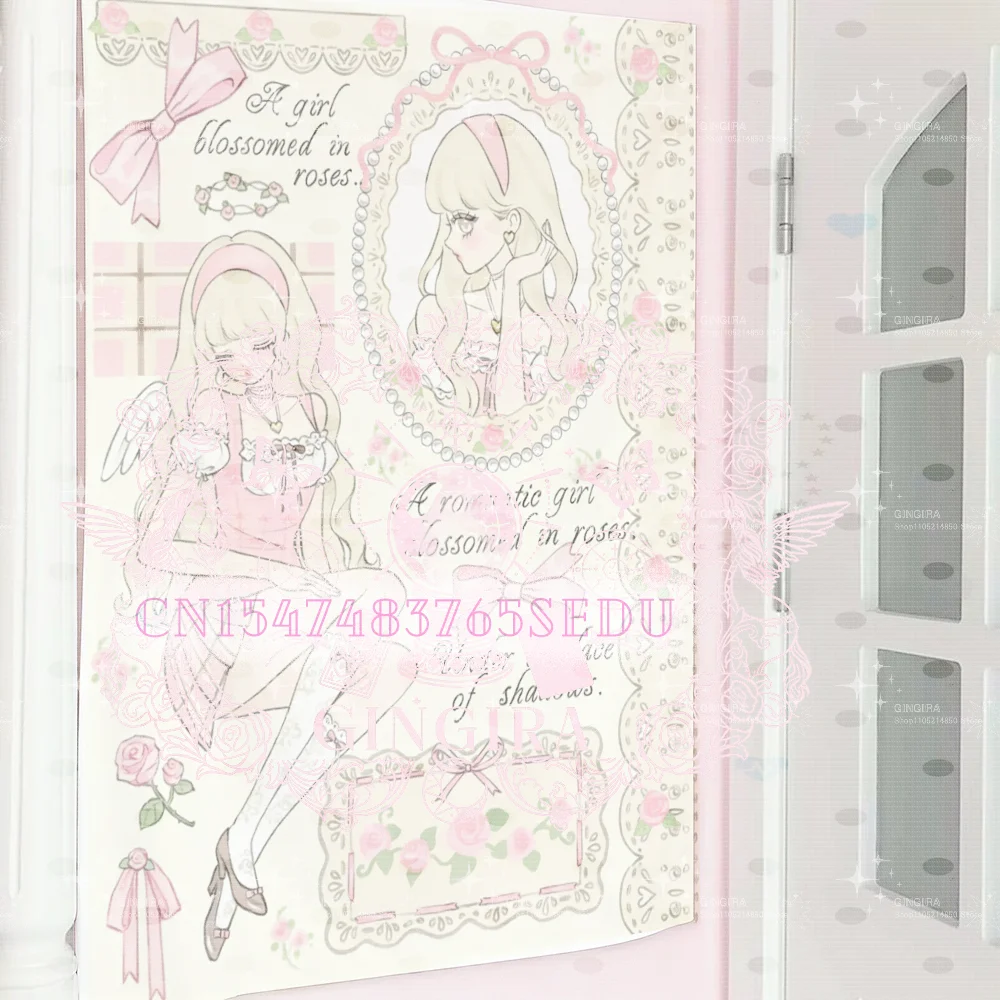 Kawaii Lolita Anime Tapestry, Pink Rose Lace Wall Hanging, Cute Coquette Aesthetic Room Decor for Teen Girls, Japanese Style Tap