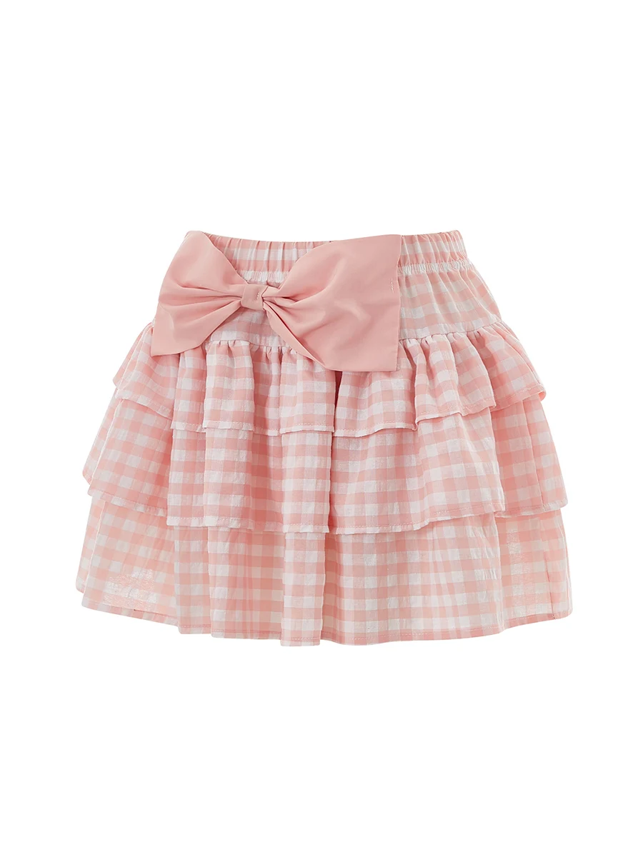 Women's Summer Mini Plaid Skirts Bow Decorated Tiered Skirt for Daily Travel Parties