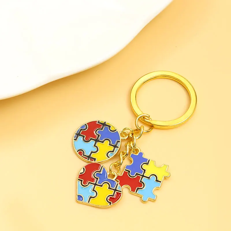 New Autism Awareness Enamel Keychains For Children Gifts Round  Heart Ribbon Red Puzzle Alloy Pendant Keyring Love Theme Jewelry