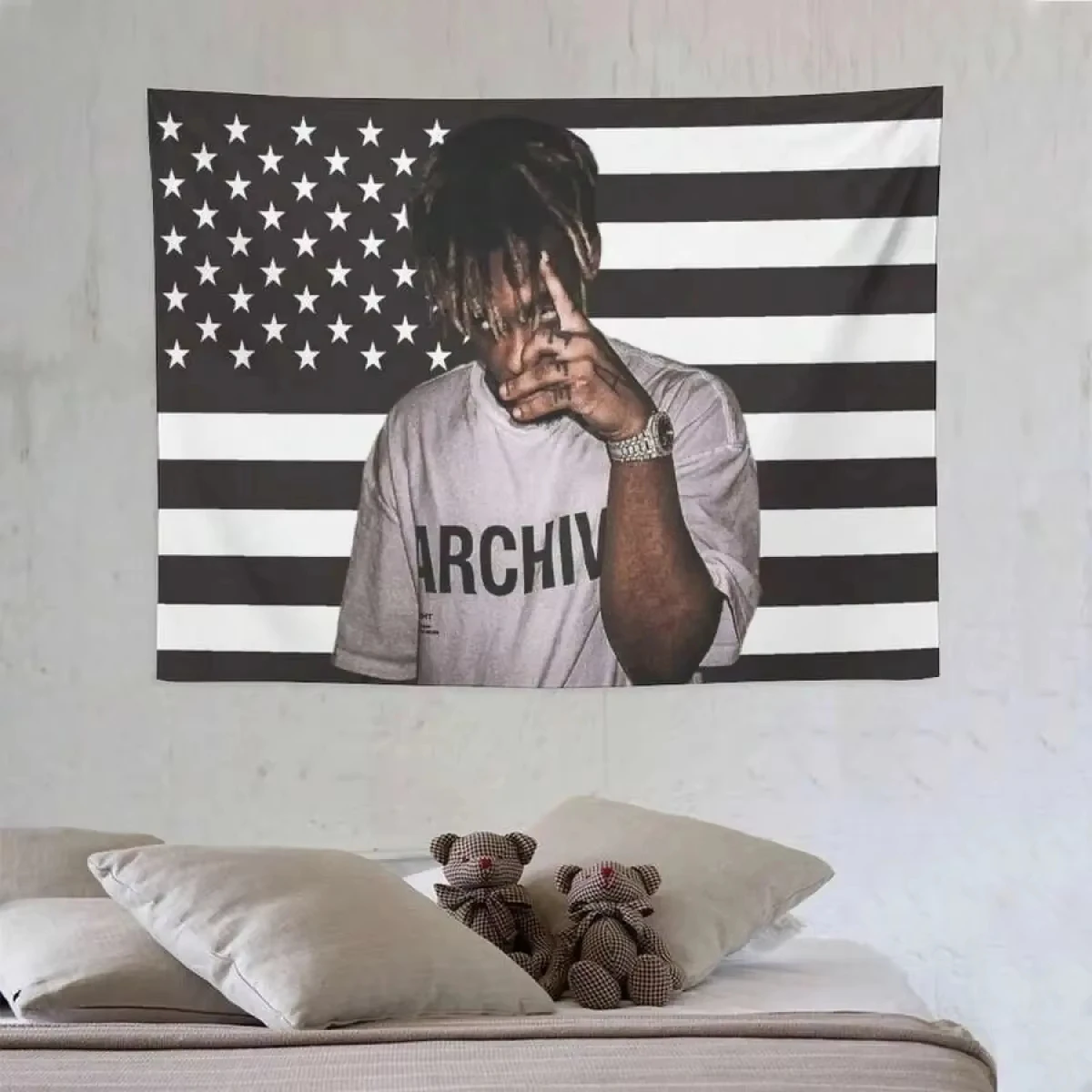Juice WRLD Archiv-Fotodruck-Wandteppich, schwarzer Wandbehang mit US-Flaggen-Hintergrund für College-Wohnheim, Teenagerzimmer, Heimdekoration – Detail 6