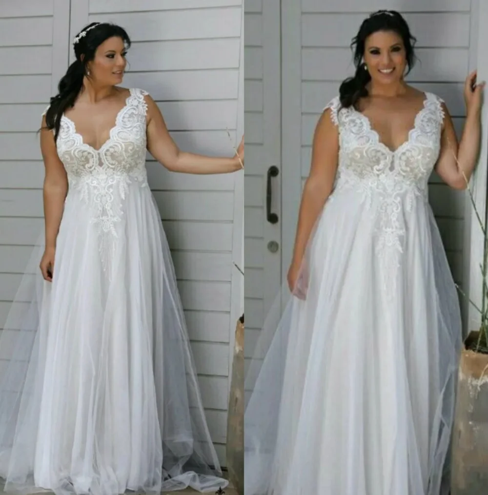 Lindo vestido de noiva em v para mulheres, sem mangas, apliques de renda, linha A, tule, personalizado, zíper ou parte traseira com renda, tamanho grande, vestido de noiva