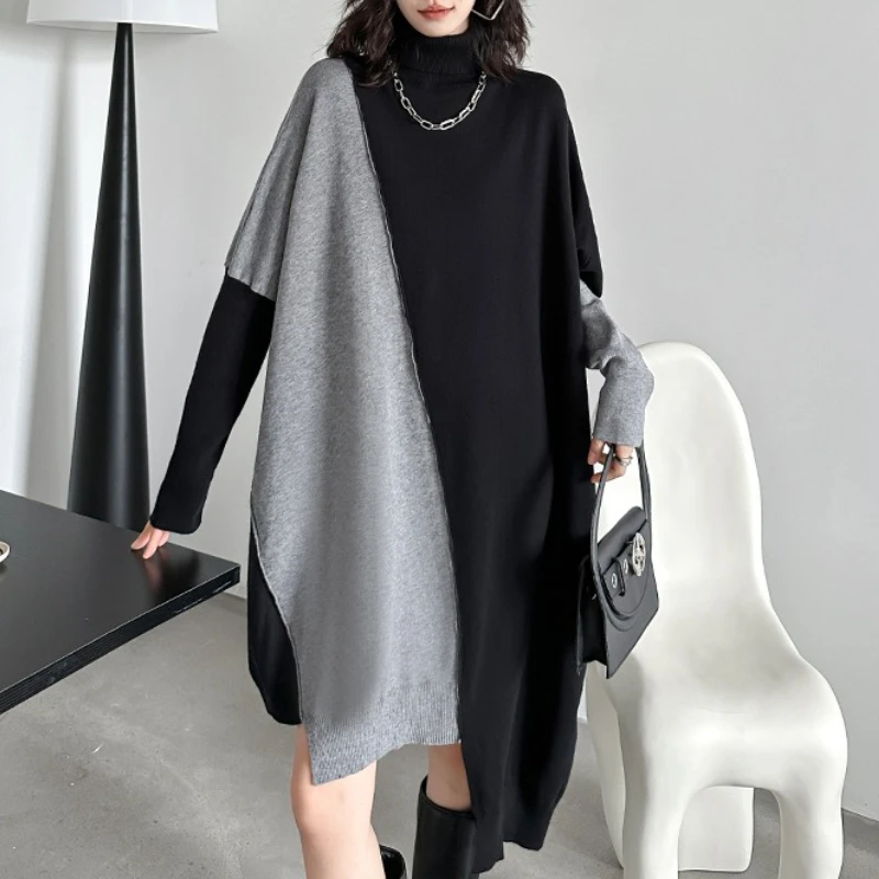 

Pullovers Women Sweaters Mid Length Tops Turtleneck Full Sleeve Jumpers Y2k Streetwear Elegant Splice Knit Autumn Winter 2025