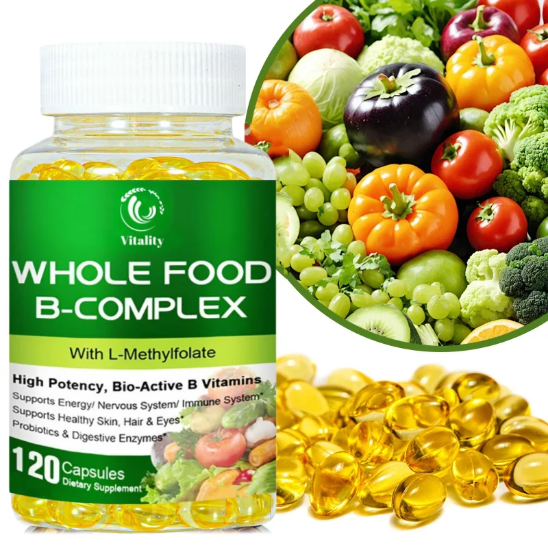 Vitamin B Complex Capsules B1, B2, B3, B5, B6, B7, B9, B12 Whole Food Supplement for Stress, Energy and Immune Support Non-GMO