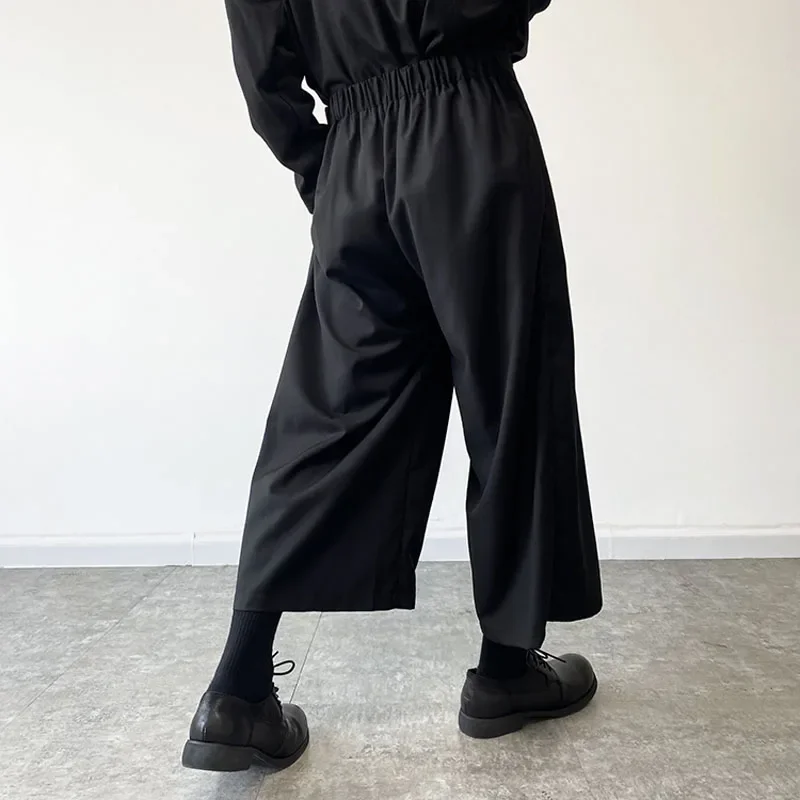 Elastic Waist Tie Culottes Men Harajuku Streetwear Trend Fashion Loose Casual Black Wide Leg Kimono Pants Women Skirt Trousers