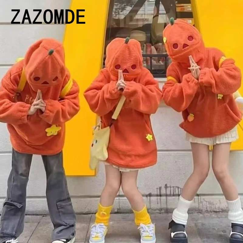 ZAZOMDE 2024 Autumn Pumpkin Hoodies Halloween Party Pumpkin Head Lamb Fleece Hooded Sweatshirt Embroidery Thicken Streetwear