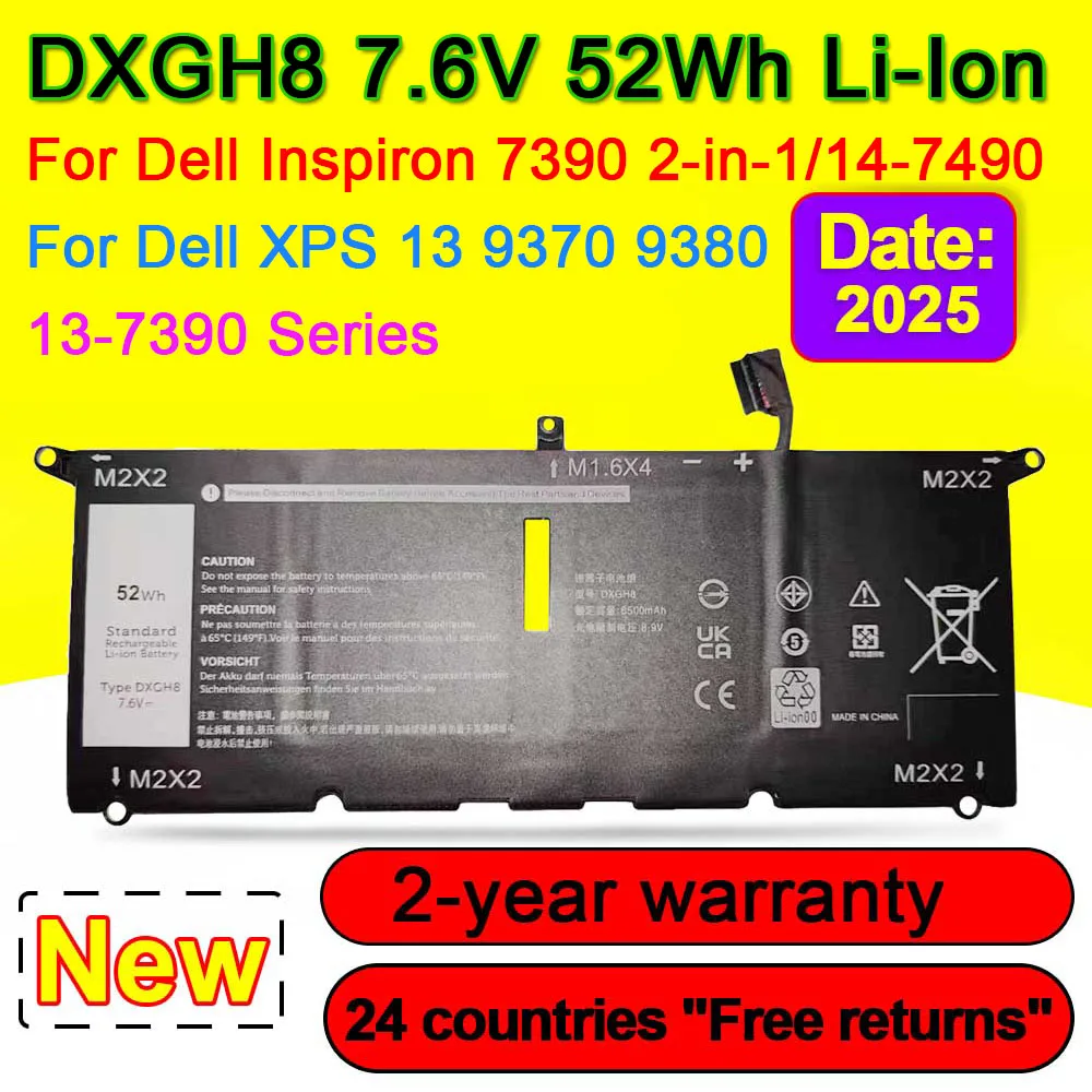 Para DELL XPS 13 7390 9370 9380 Inspiron 7390 2 en 1 serie 7490 batería de ordenador portátil DXGH8 G8VCF H754V 0H754V 7,6 V 52Wh de alta calidad