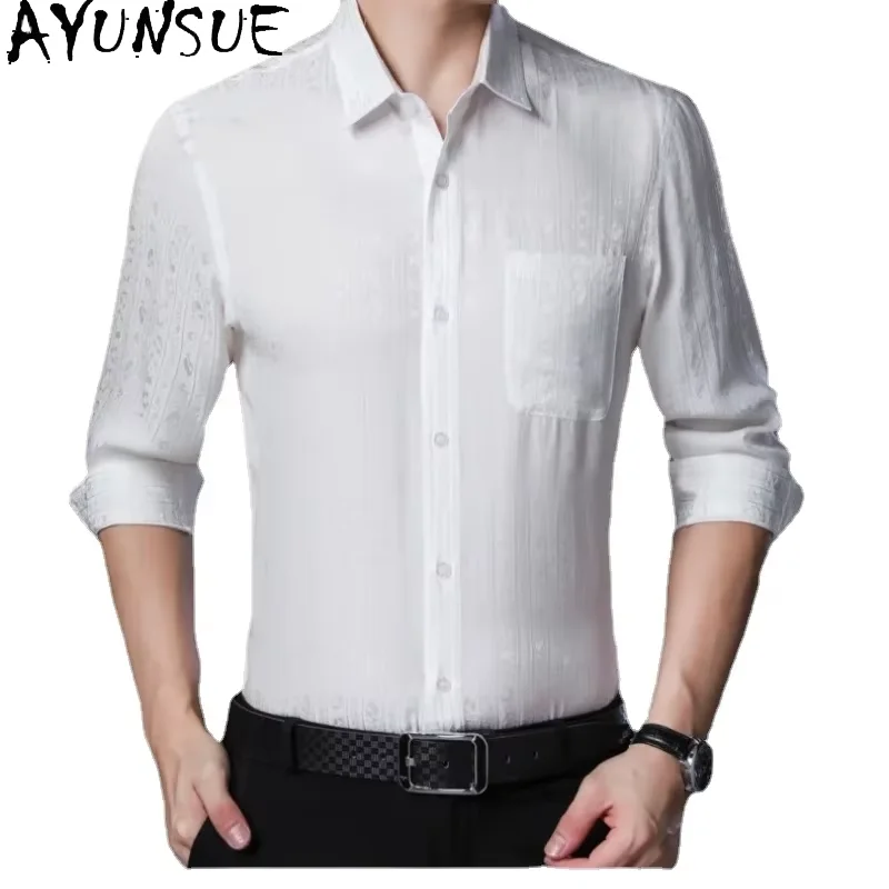 

AYUNSUE High Quality 100% Mulberry Real Silk Shirt for Man Long Sleeve Silk Stain Shirt Casual Tops Shirt Men Clothing Chemises