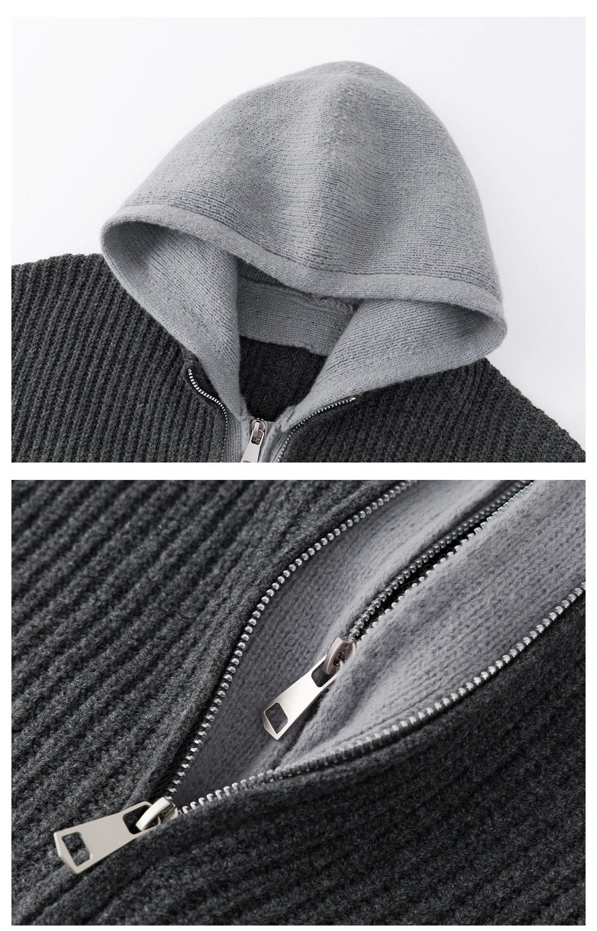2025 Autumn Winter Japanese Retro Gray Color Block Hooded Sweater Men's Casual Fake Two-Piece Black Cardigan Knitwear