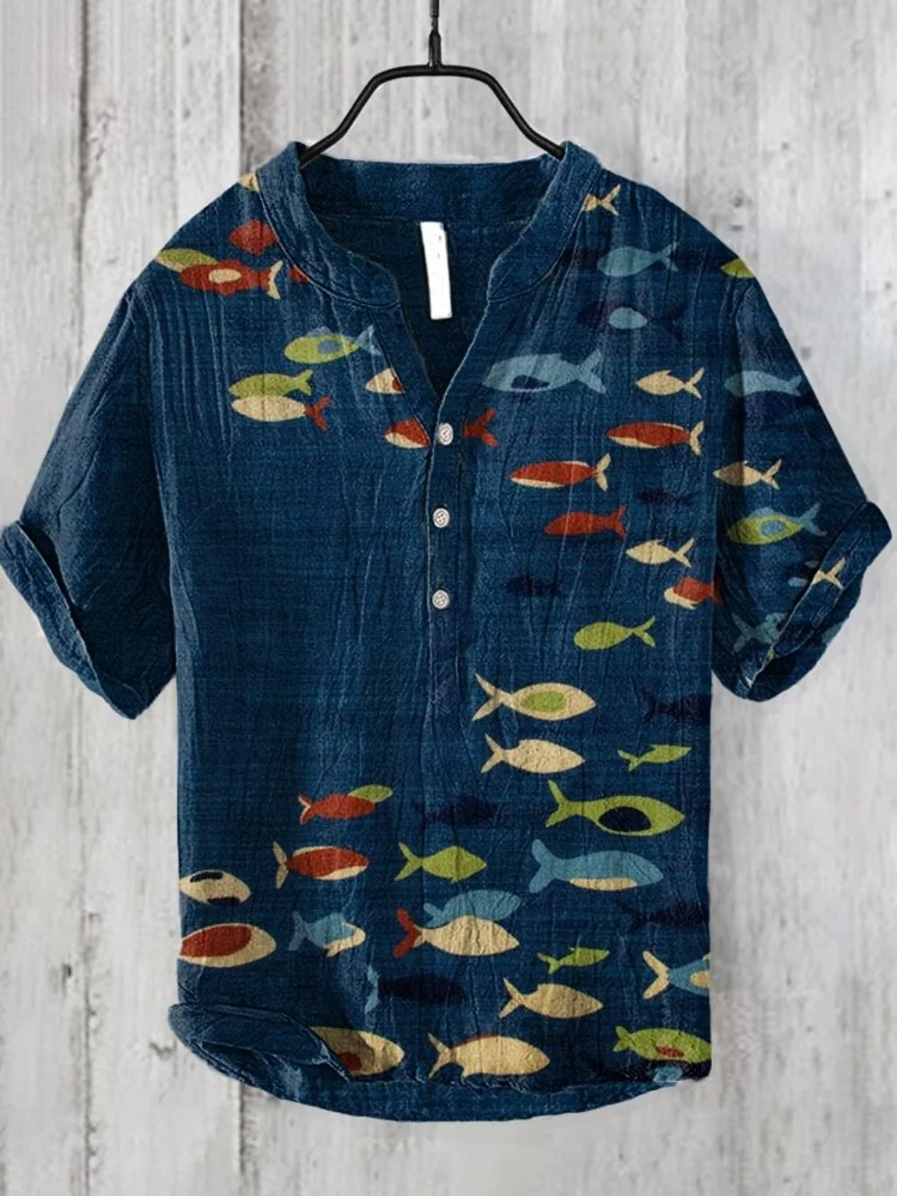 

New summer men's pullover, fish print short sleeved linen three button polo shirt, street fashion casual men's breathable top