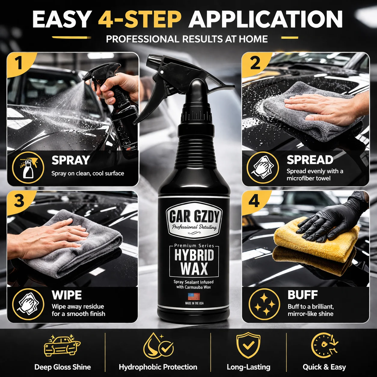 Car Spray Wax Hybrid 16 oz – Quick Detailer with Carnauba, High Gloss Finish, Water Beading Protection for Cars & Trucks