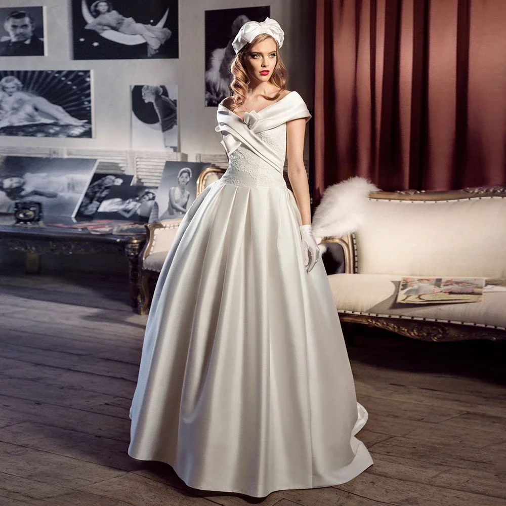 Vestidos De Novia elegantes con hombros descubiertos, corte en A, apliques con cuello en V, sin mangas, satén, personalizados, con cordones, Vestidos De Novia