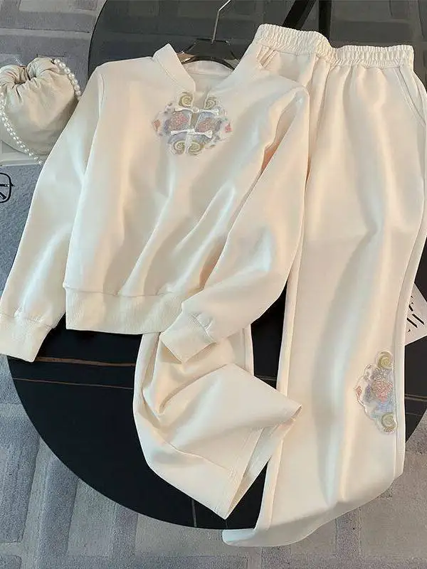 

New 2026 Chinese Style Casual Sportswear Set Women's Fashion Slim Fit Sweatshirt Wide Leg Pants Two Piece Set Spring Autumn