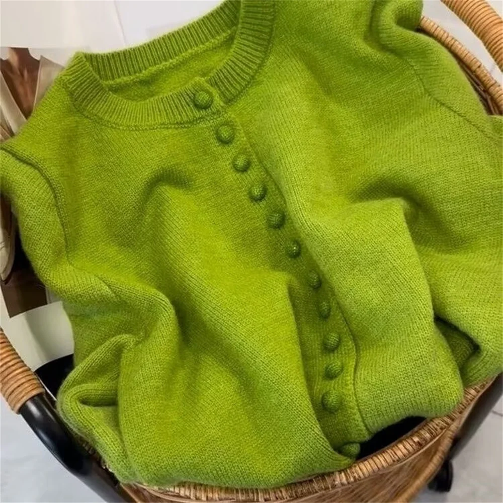 

Autumn Winter Knitted Button Cashmere Sweater Women Casual Green Knit Cropped Cardigan Fashion O-neck Soft Knitwear Coat Clothes