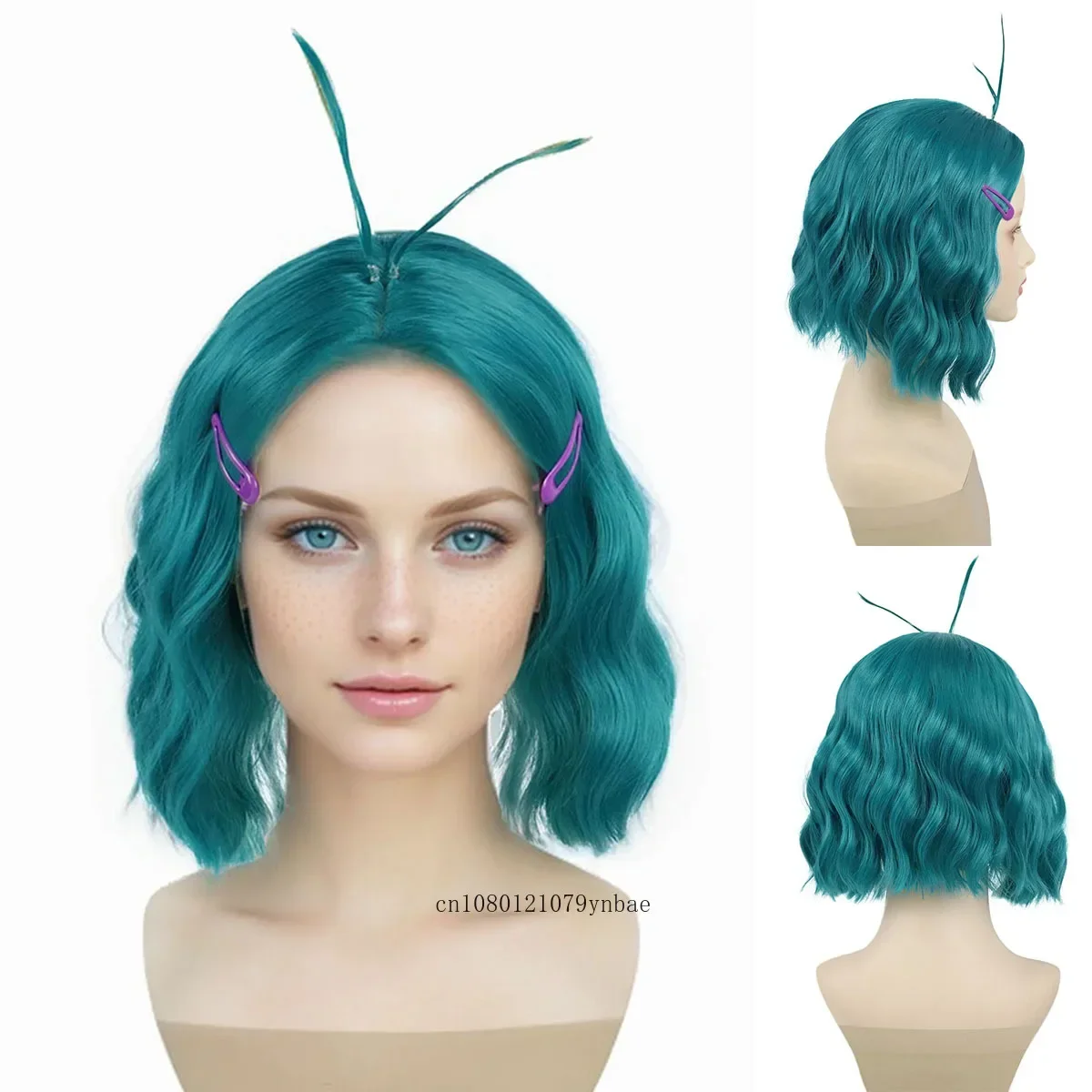 Short Wavy Blue Green Synthetic Cute Wig with 2 Hairpins for Women Girls Costume Cosplay Wigs Halloween Party Heat Resistant