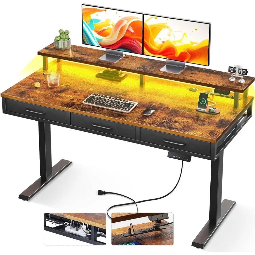 

55 Inch Electric Standing Desk with 3 Drawers, Brown, Height Adjustable Desk with Power Outlets & LED Lights