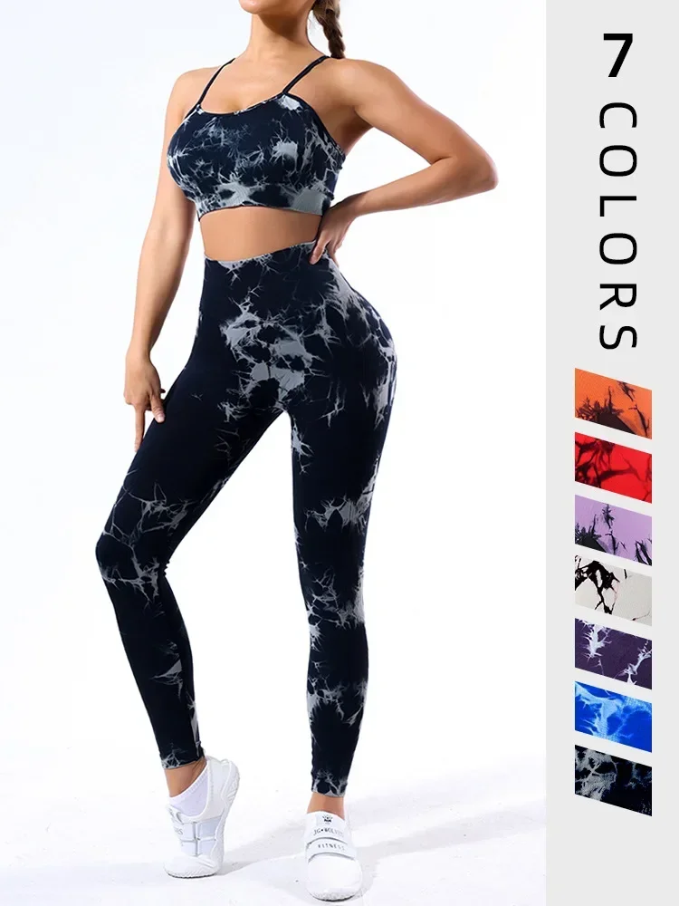 

2pcs Tie Dye Yoga Women's Tracksuit Fitness Yoga Sets Sportswear Workout Bra+High Waist Leggings Gym Clothing Seamless Suits