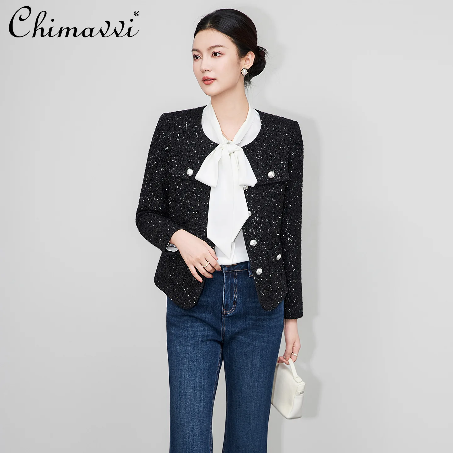 

French Elegant Fashion Commuter Sequin Round Neck Long Sleeve Single-Breasted Straight Slim Tweed Short Jacket for Women Autumn