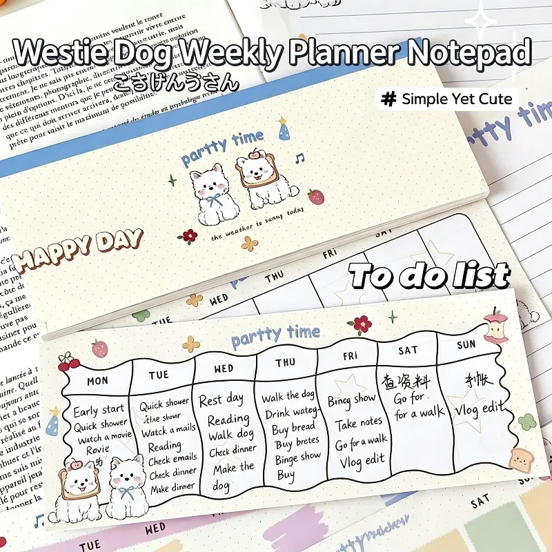 INS Westie Puppy Weekly Planner Memo Notepad, 4 Designs Color Pages To-do Checklist Pad, Cute Stationery Gift for Planner Lover