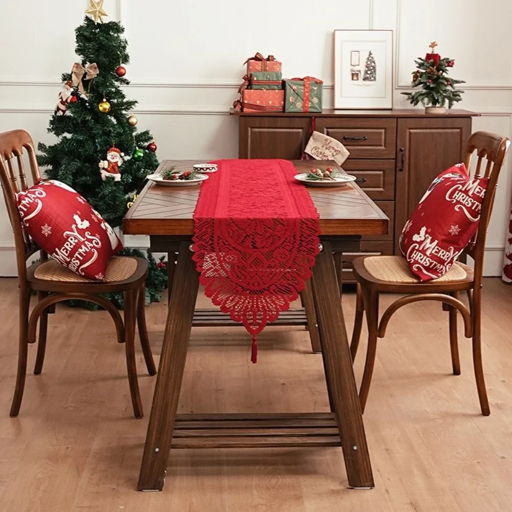Retro Lace Table Runner Solid Color with Tassel Dining Table Mat Table Decoration for Wedding Banquet