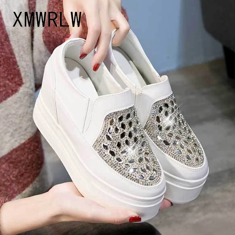 XMWRLW Women's Loafers Fashion Rhinestone Chunky Shoes For Women Platform Shoes Hidden Heel Slip on Female Loafers Wedges Shoe