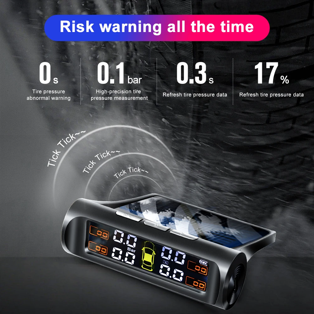 TPMS Solar Power TPMS Car Tire Pressure Alarm Monitor Auto Security System Tyre Pressure 360 Adjustable Temperature Warning