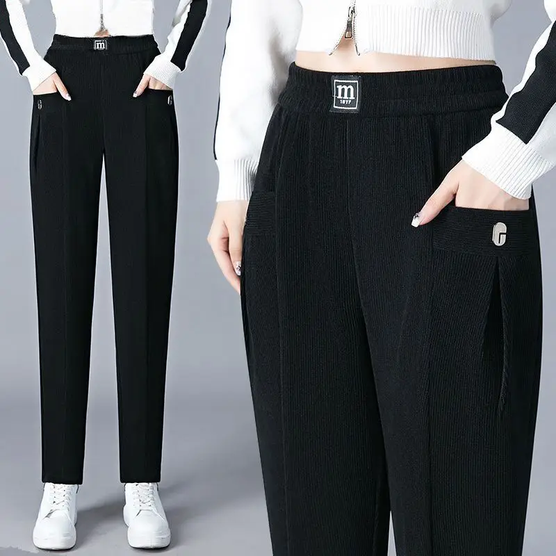 Autumn Winter New Corduroy Casual Haren Pants Women Solid Elastic High Waist Pockets Patchwork Loose Versatile Straight Trousers