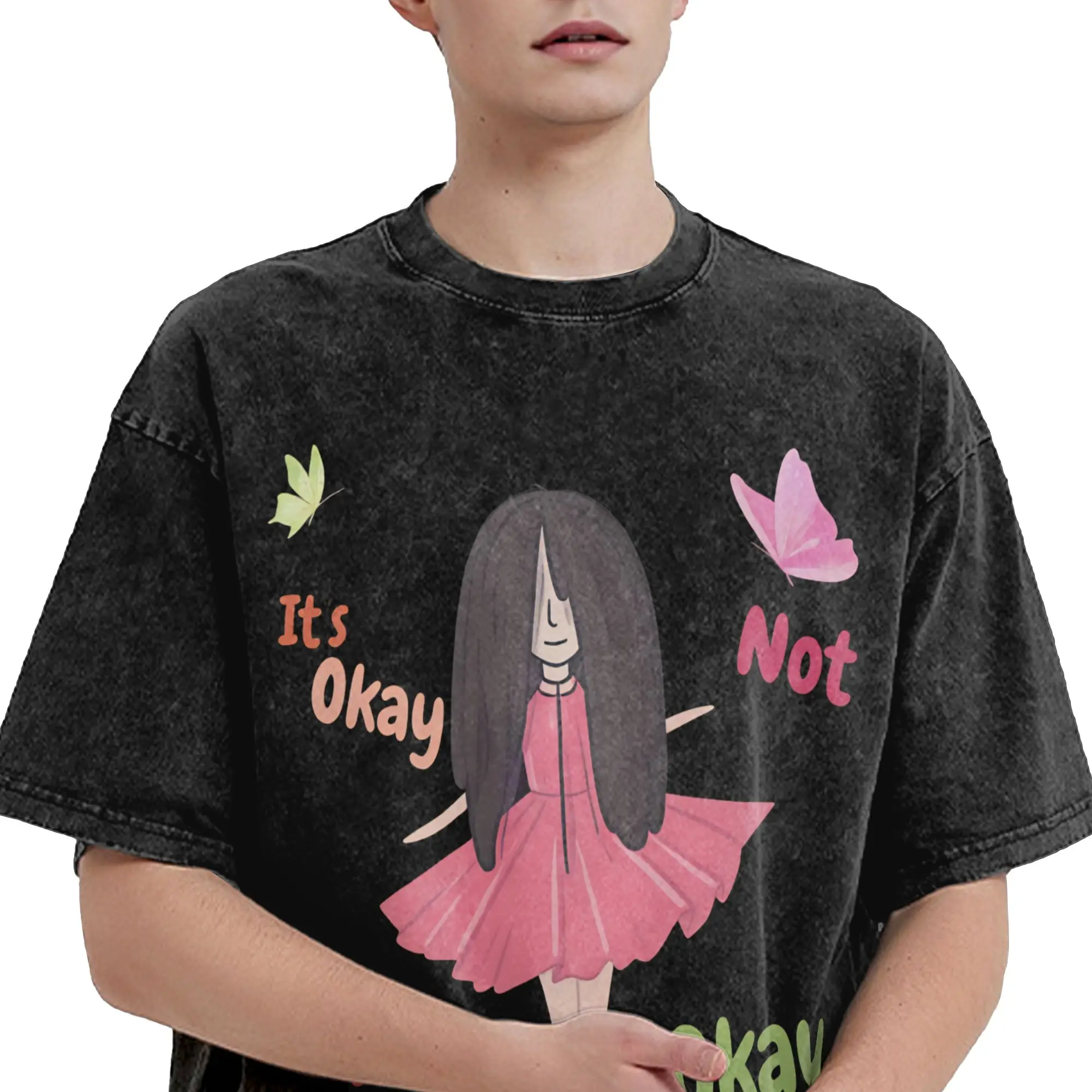 It’s Okay to Not be Okay Cartoon Washed T Shirt Man  Street Style Cotton T Shirts Beach O-Neck Harajuku Tees Loose Plus Size