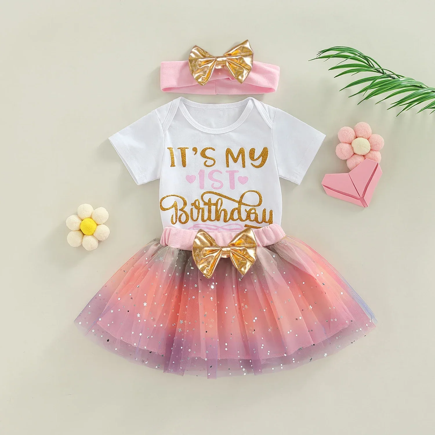 3Pcs Baby Birthday Bodysuits Cotton Short Sleeved Newborn Girls Romper Pettiskirt 12M Toddler Baby Birthday Gifts Party Clothes