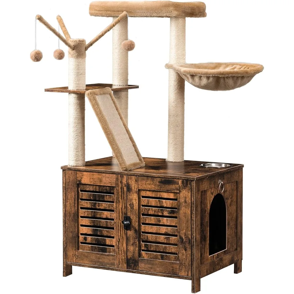 

HOOBRO Cat Tree with Litter Box Enclosure, 44 Tall Wooden Cat Tower with Scratching Posts, Cat Hammock, Hidden Litter Box Furnit