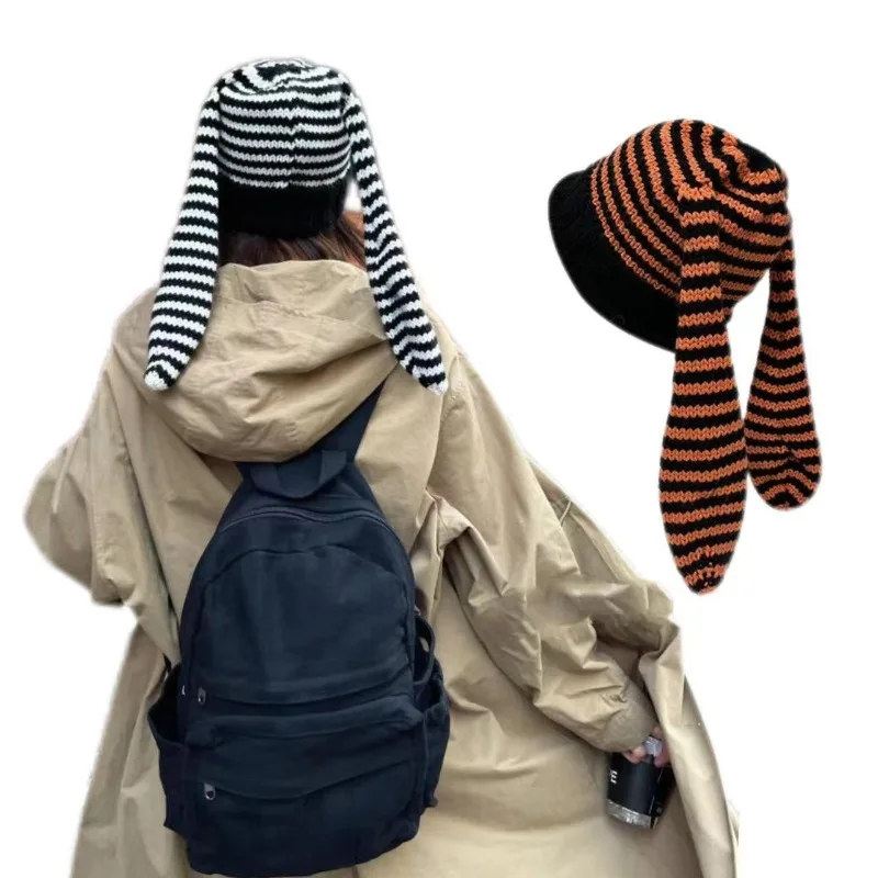 New Long-eared Wool Hat, Striped Devil Knitted Pullover Hat, Contrasting Color, Cold Hat To Keep Warm, Big Head Circumference