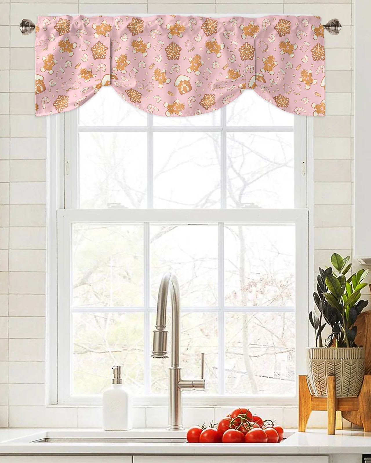 Christmas Gingerbread Man Pink Window Curtain for Living Room Christmas Kitchen Cabinet Tie-up Valance Curtain Rod Pocket