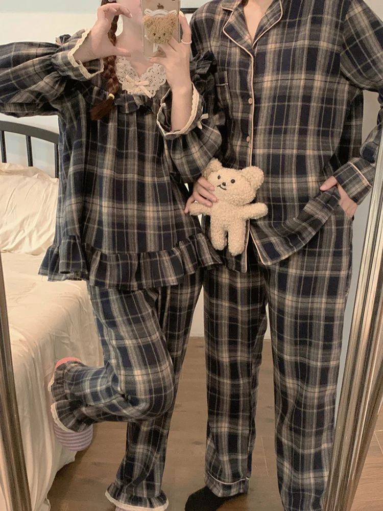 New 2colors Home Lovers Couple Lace Plaid Stripe Vintage Thicken Long Sleeve Pajama Set Women Sweet Loose Kawaii Sleep Tops InS