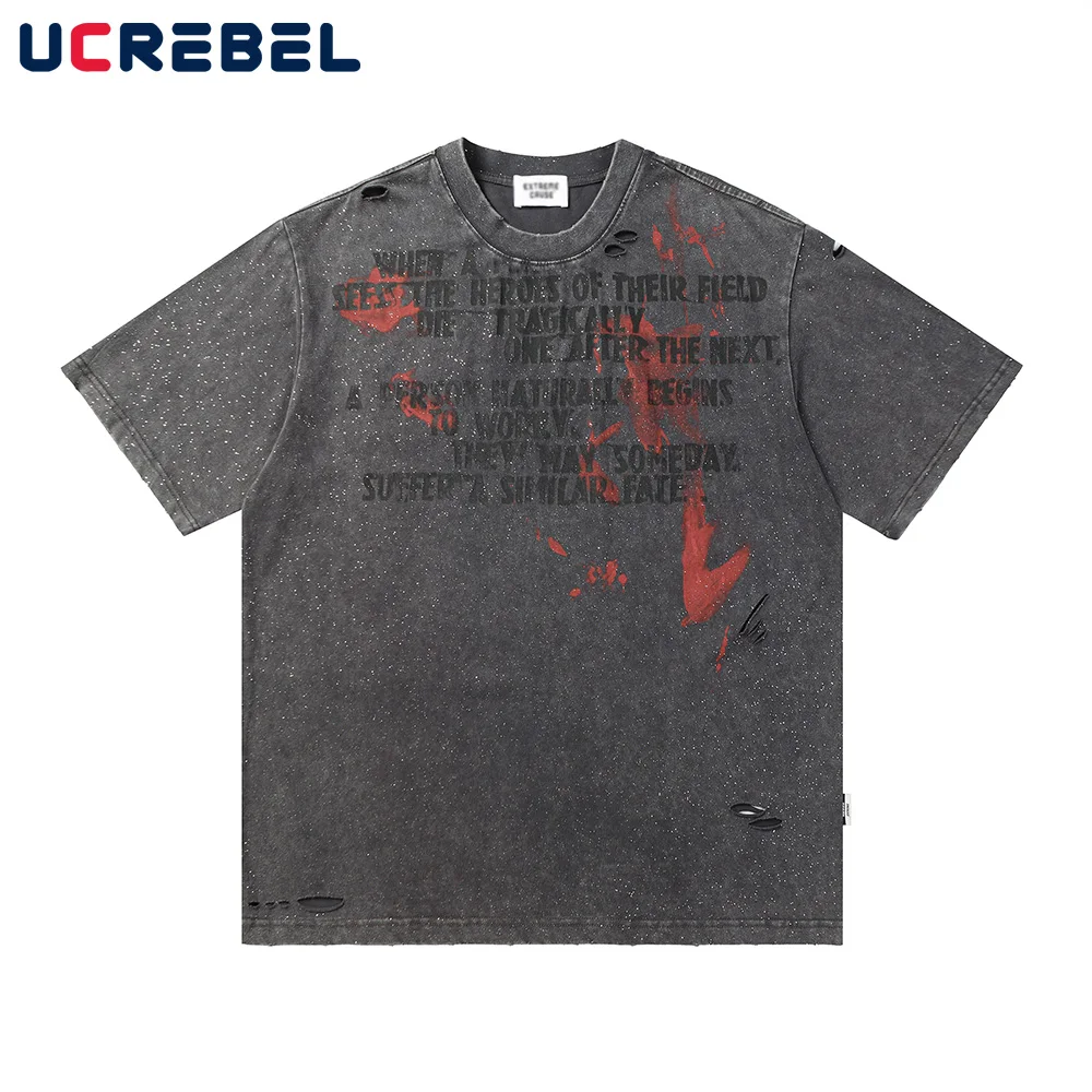 Graffiti Letter Print Short Sleeve T-shirt Mens Ripped Washed Distressed Summer High Street Crew Neck Loose Half-Sleeve Tee