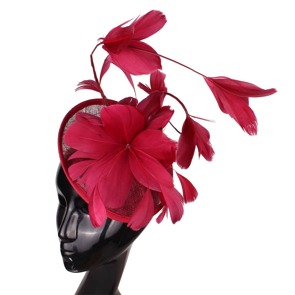 Hot Pink Wedding Headwear Imitation Sinamay Women Fascinator Hat Feather Bride Hair Accessories Vintage Cocktail Headdress Lady