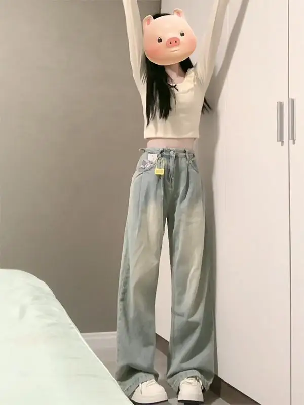 

High Waist Wide Leg Denim Jeans Women plus Size Loose Slimming Waed Design Unique Straight Leg Trousers Autumn New Arrival