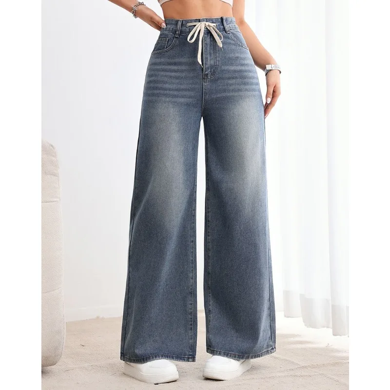 

Широкие джинсы в американском стиле ретро для женщин, свободные драпированные прямые джинсы с завязками и высокой талией, модная женская одежда