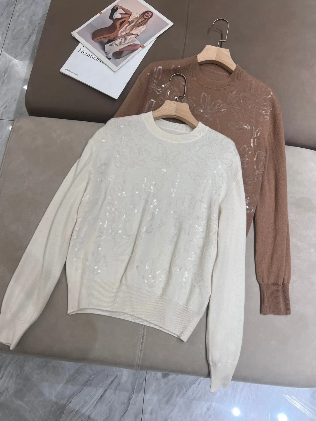 Autumn o-neck exquisitely sequins trimmed cashmere wool blend sweater