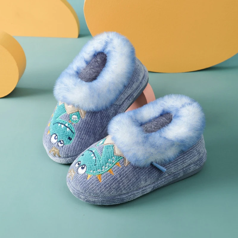 Kidmi Home Cotton Slippers Cute Embroidered All-inclusive Heel Slippers Winter Warm Skin-friendly Plush Cotton Shoes Children