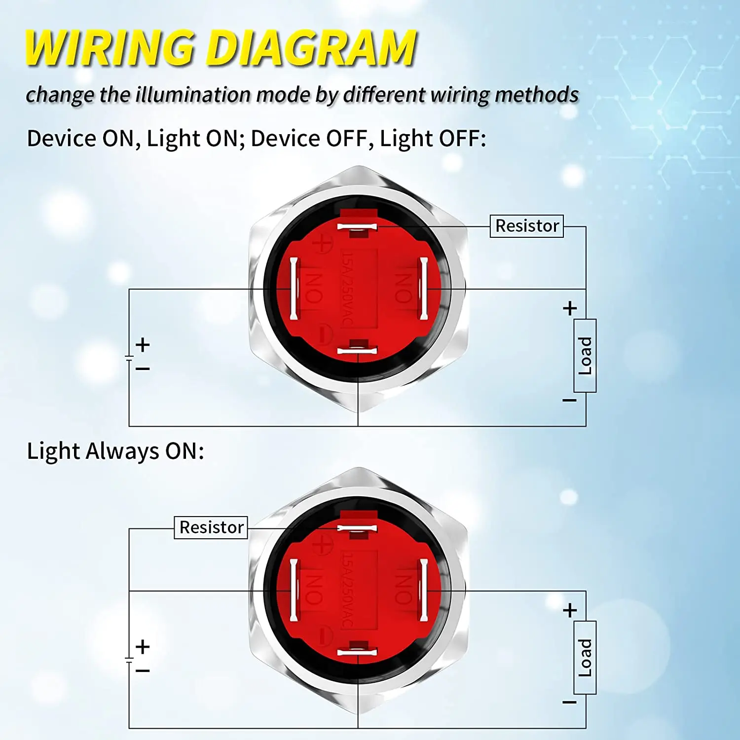 20A 12V Push Button Switch Latching 19MM Pushbutton Switch with 12V Blue LED Waterproof ON Off Switch 20 Amp Heavy Duty for Car