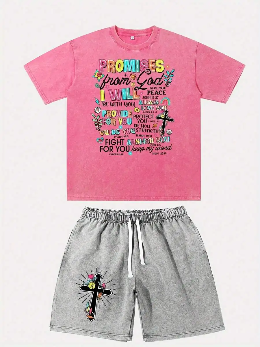 

Vintage Distressed Gods Promises Print T-Shirt And Shorts Set For Men Casual Loose Fit