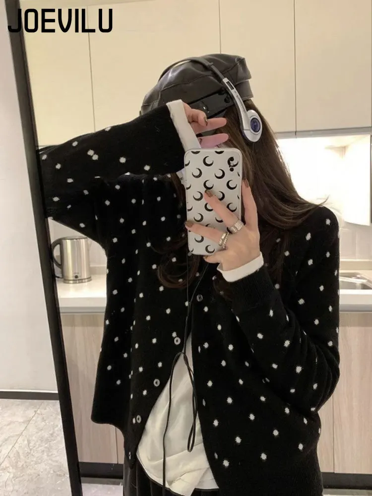 

JOEVILU Women's Polka Dot Knitted Cardigans Niche Layered Design Coat Sweaters Casual Long Sleeved Crop Tops Korean Gray Jumper