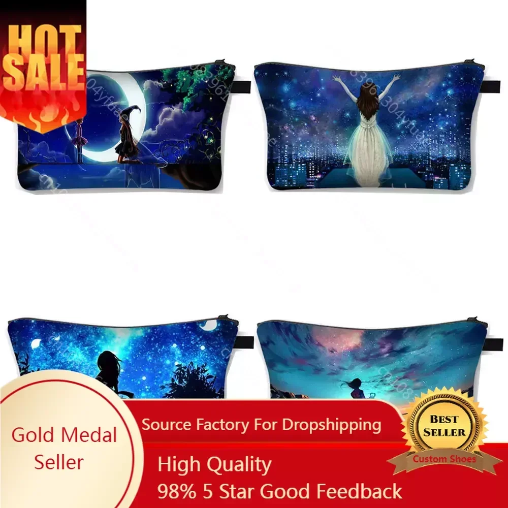 Galaxy Starry Night Printed Female Storage Makeup Bags Women Girls Clutch Bags Cute Star Travel Container Cosmetic Case