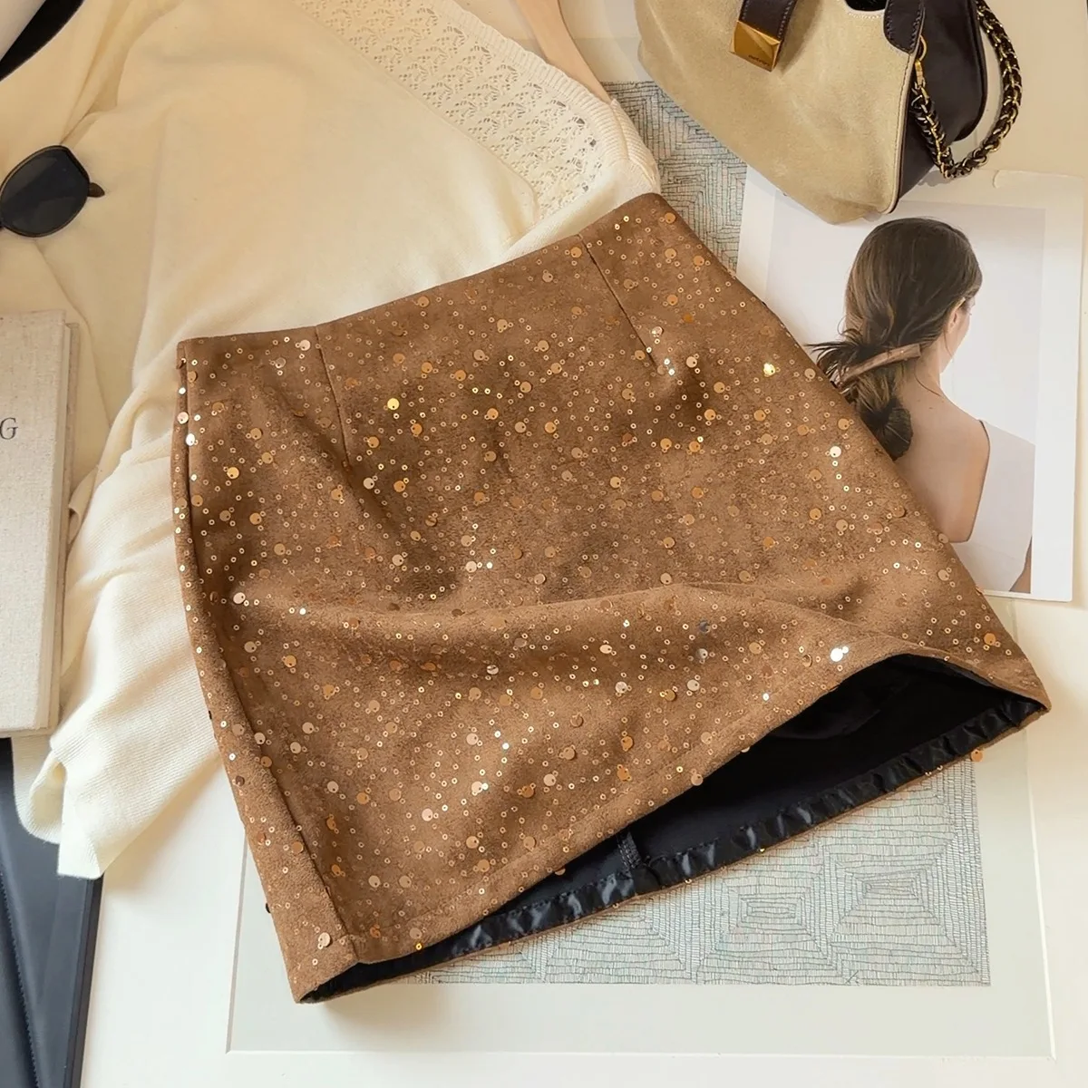 Retro Sequined Suede Skirt Women's Autumn New High Waist and Thin Spice Girl Hip Skirt