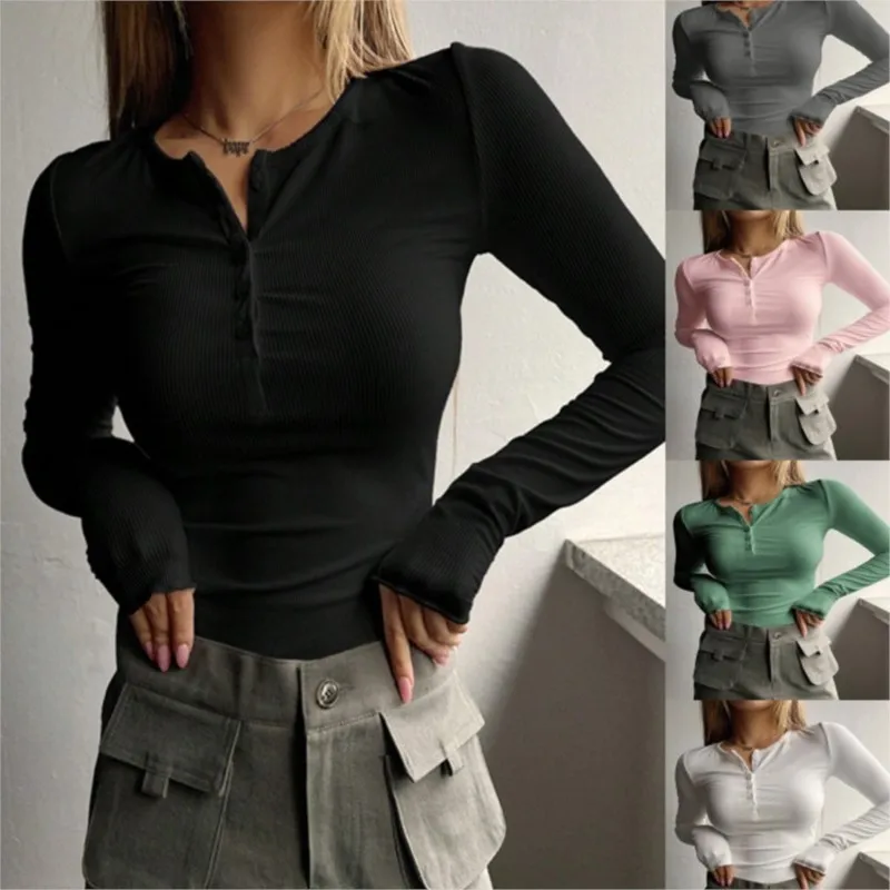 

Women's New Button Ribbed Slim Fit Knitted Fall Spring Top O Neck Button Long Sleeve Slim Fit Pullover T-shirt Simple Clothing