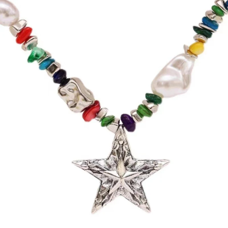 Multi Colors Large Metal Star Necklace For Women Fashion Jewelry Irregular Glass Acrylic Beads Party Holiday Accessories C1411