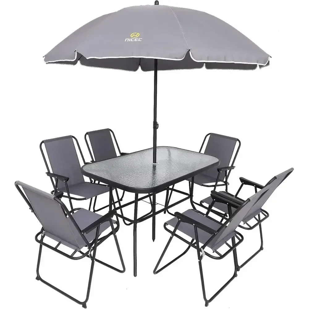 8-Piece Outdoor Dining Set with Removable Umbrella, Grey Glass Table and 6 Folding Chairs