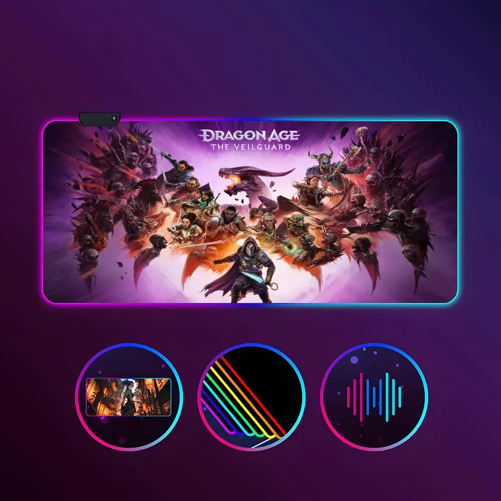 

Коврик для мыши Game Dragon Age The Veilguard RGB светящийся 900X400 мм большой настольный коврик Нескользящий очень большой игровой офисный коврик для мыши